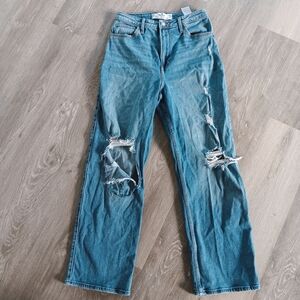 Hollister Curvy Ultra High Rise Distressed Blue Denim Dad Jeans